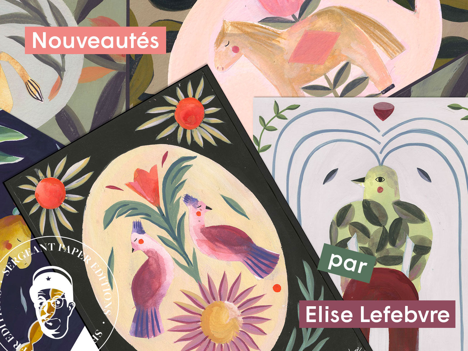 Art coloré, oiseaux, chevaux, motifs floraux, texte français, Elise Lefebvre