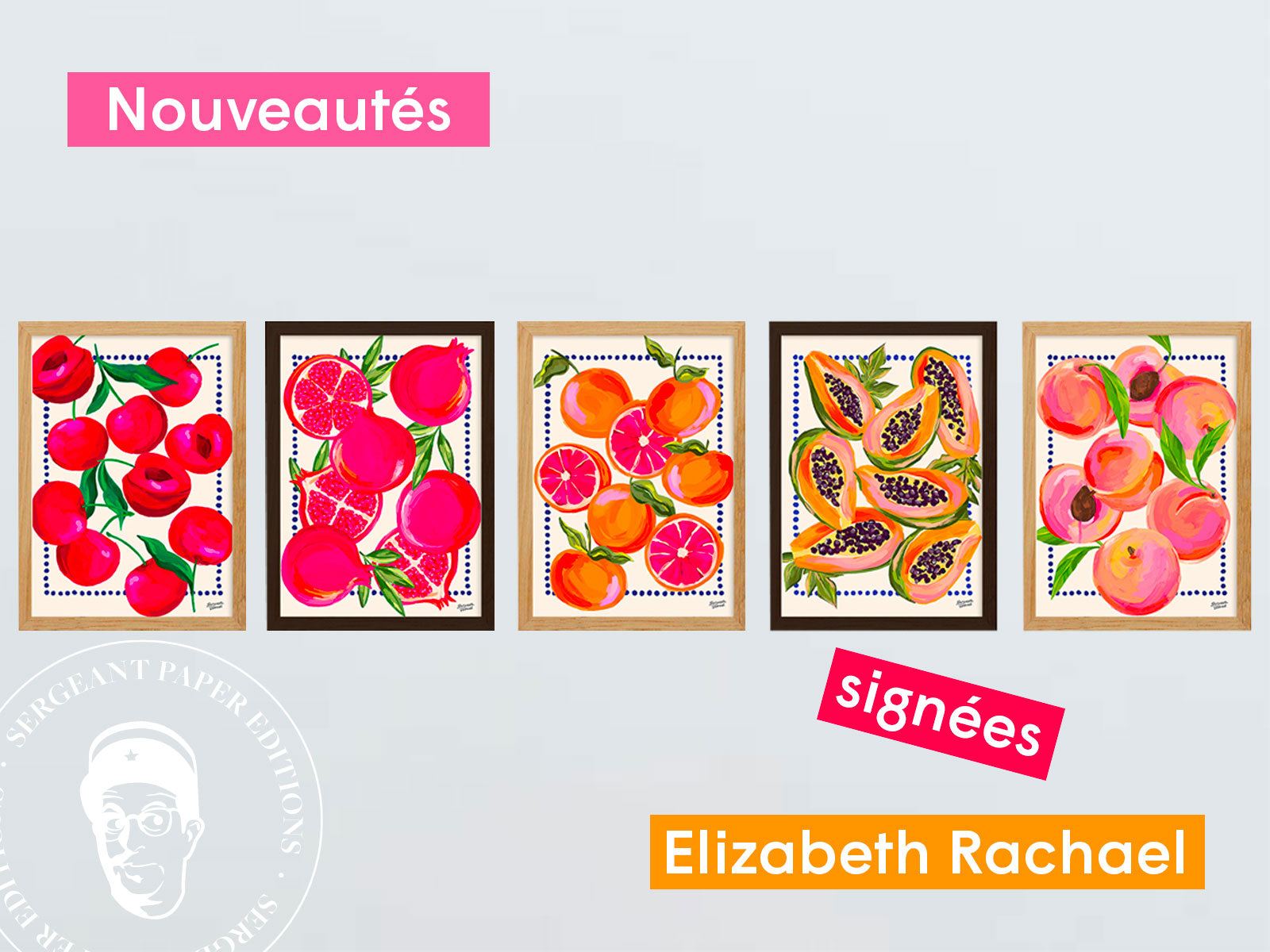 Fruits colorés, illustrations, pommes, grenades, oranges, papayes, peches, encadrés, Elizabeth Rachael