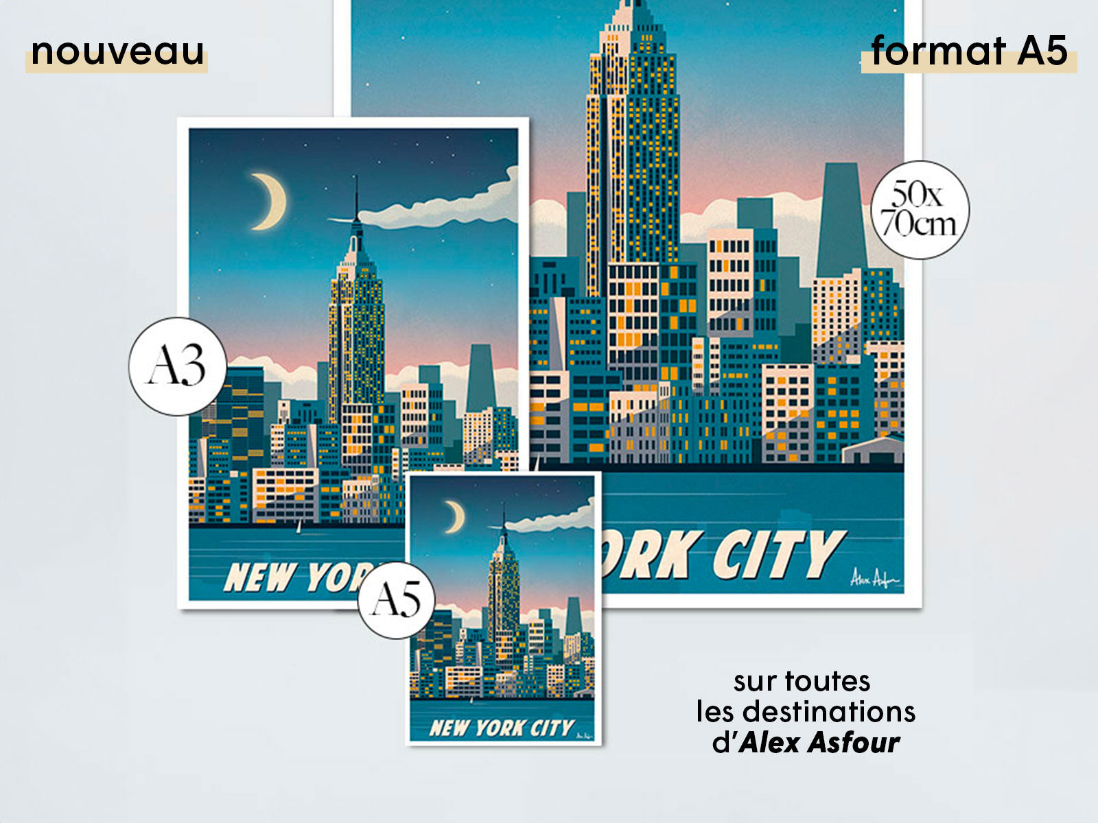 Poster de New York City, format A5, illustration de gratte-ciel, lune, ciel bleu, Alex Asfour