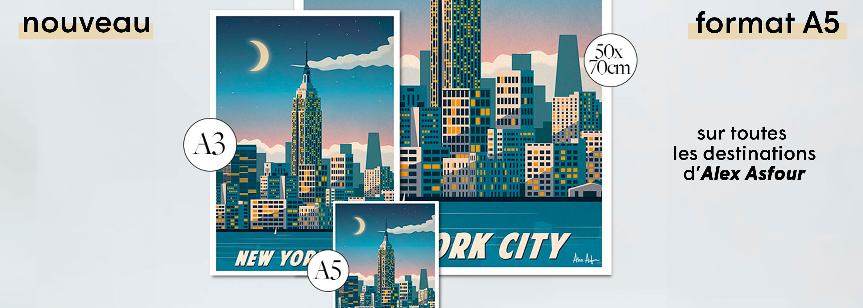 Poster de New York City au crépuscule, format A5, signé Alex Asfour