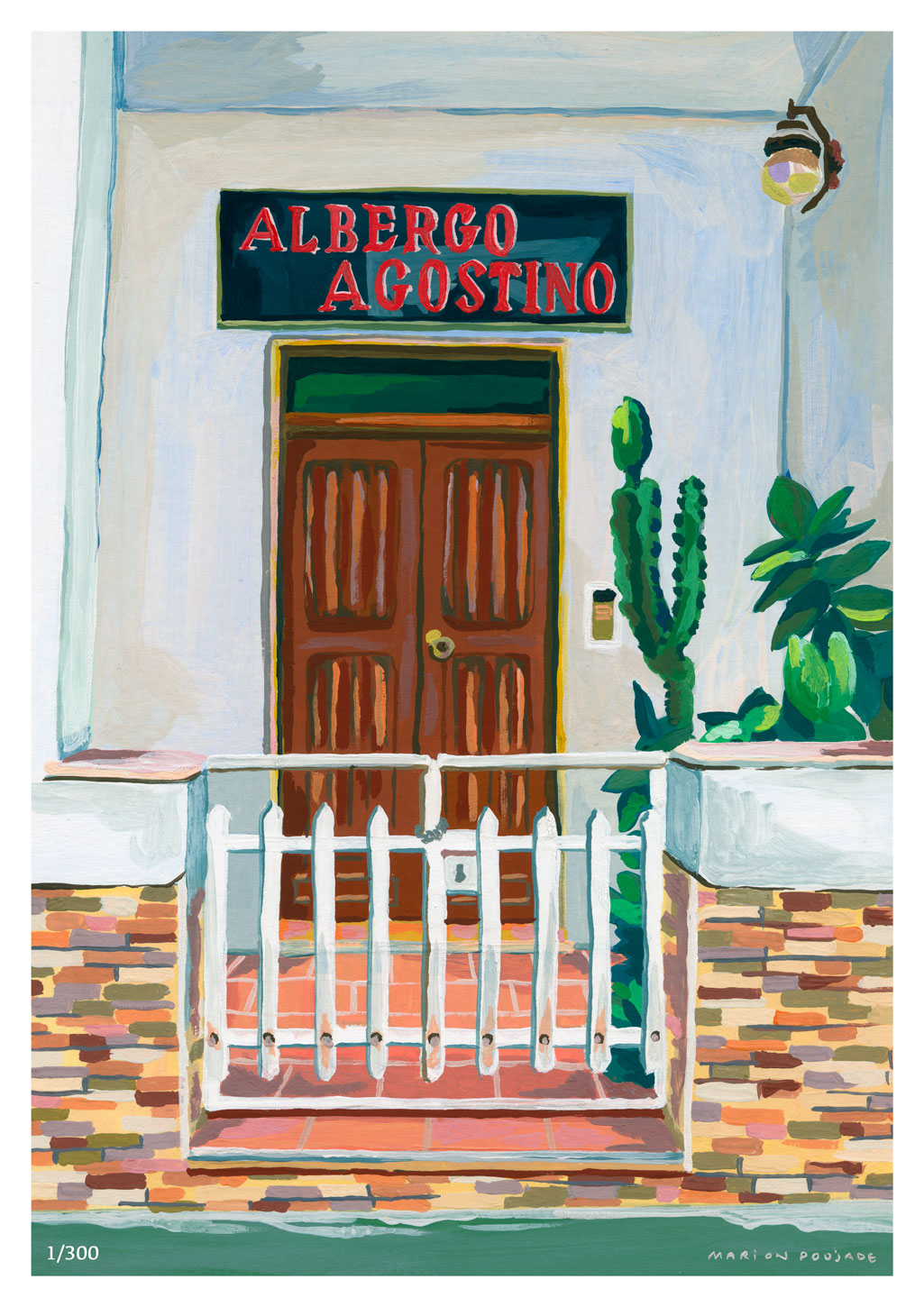 Peinture de porte avec plantes, balcon, panneau "Albergo Agostino"