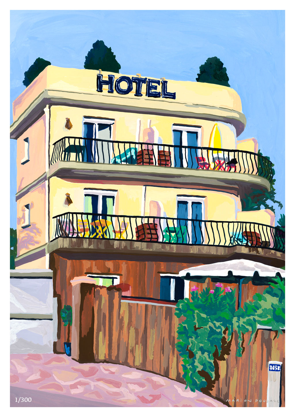 Illustration colorée d'un hôtel avec des balcons et des plantes