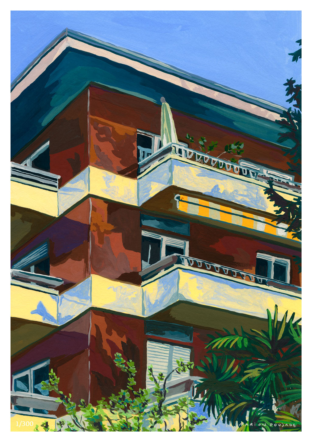 Art abstrait de bâtiment avec balcons et verdure