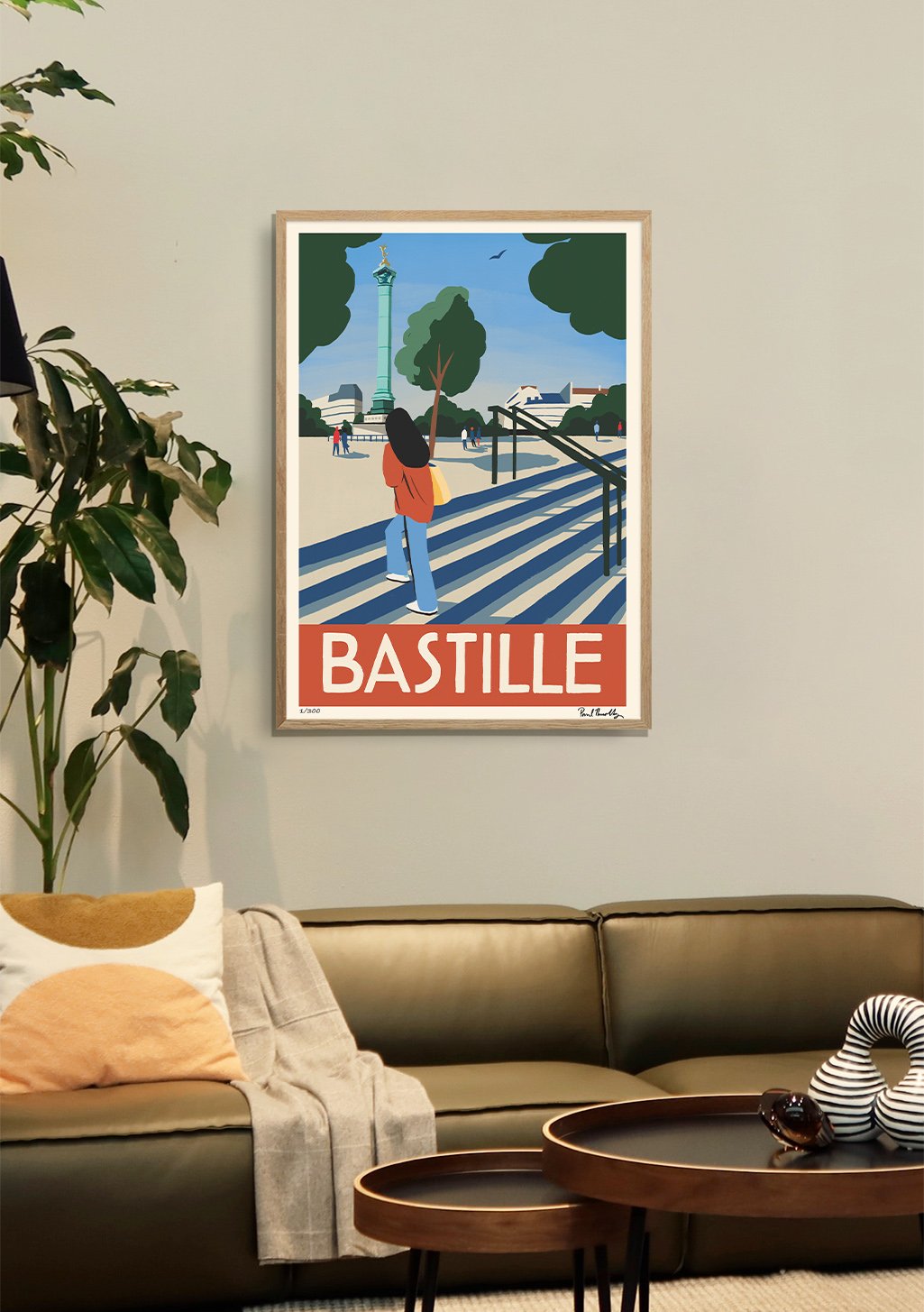 Poster Bastille, personne marchant, tour Eiffel, Paris, France