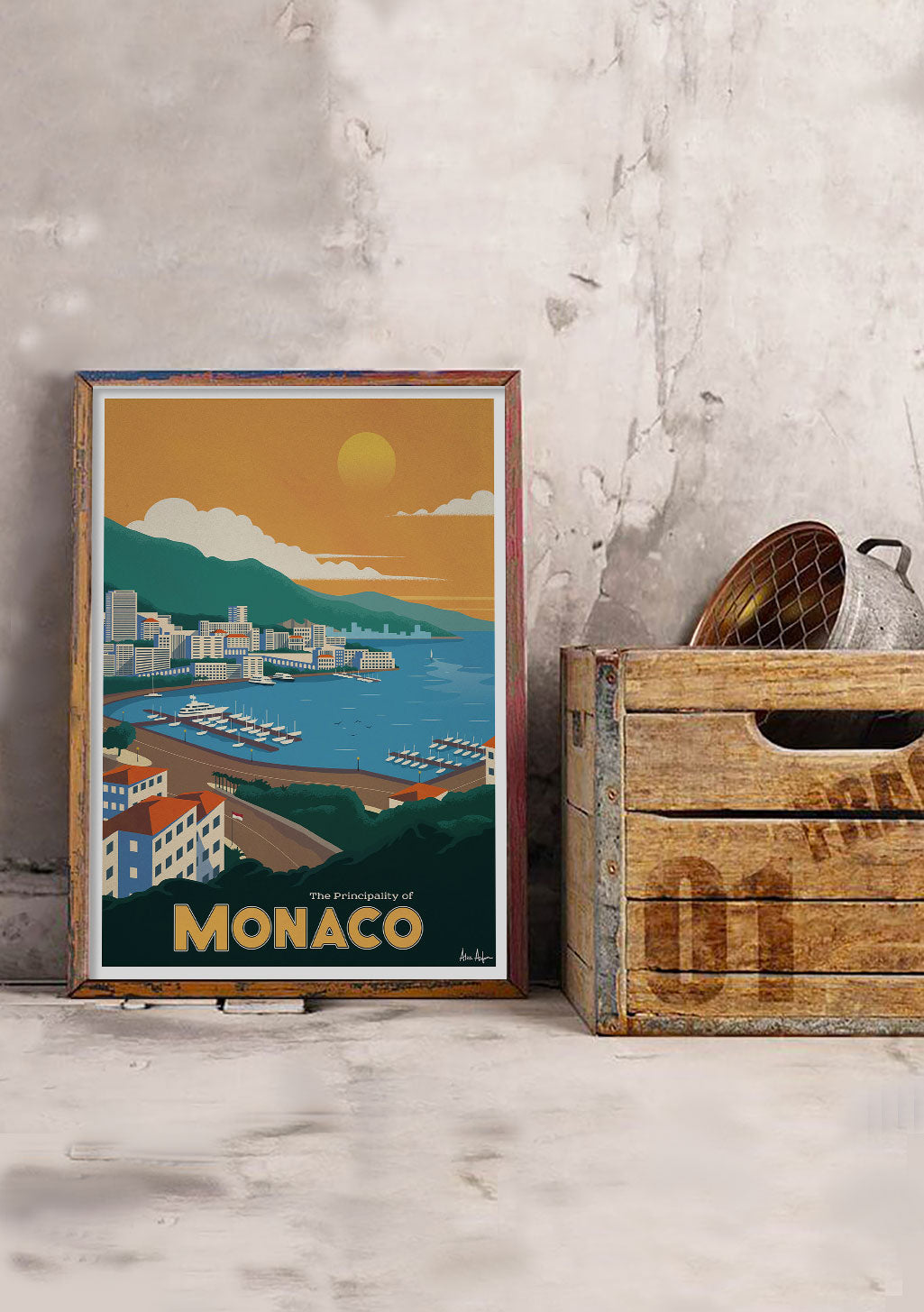 Poster de Monaco, ville côtière, coucher de soleil, bateaux, bâtiments, montagne