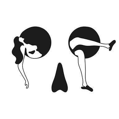 Illustration minimaliste en noir et blanc de deux personnes, une tête, un corps et des jambes